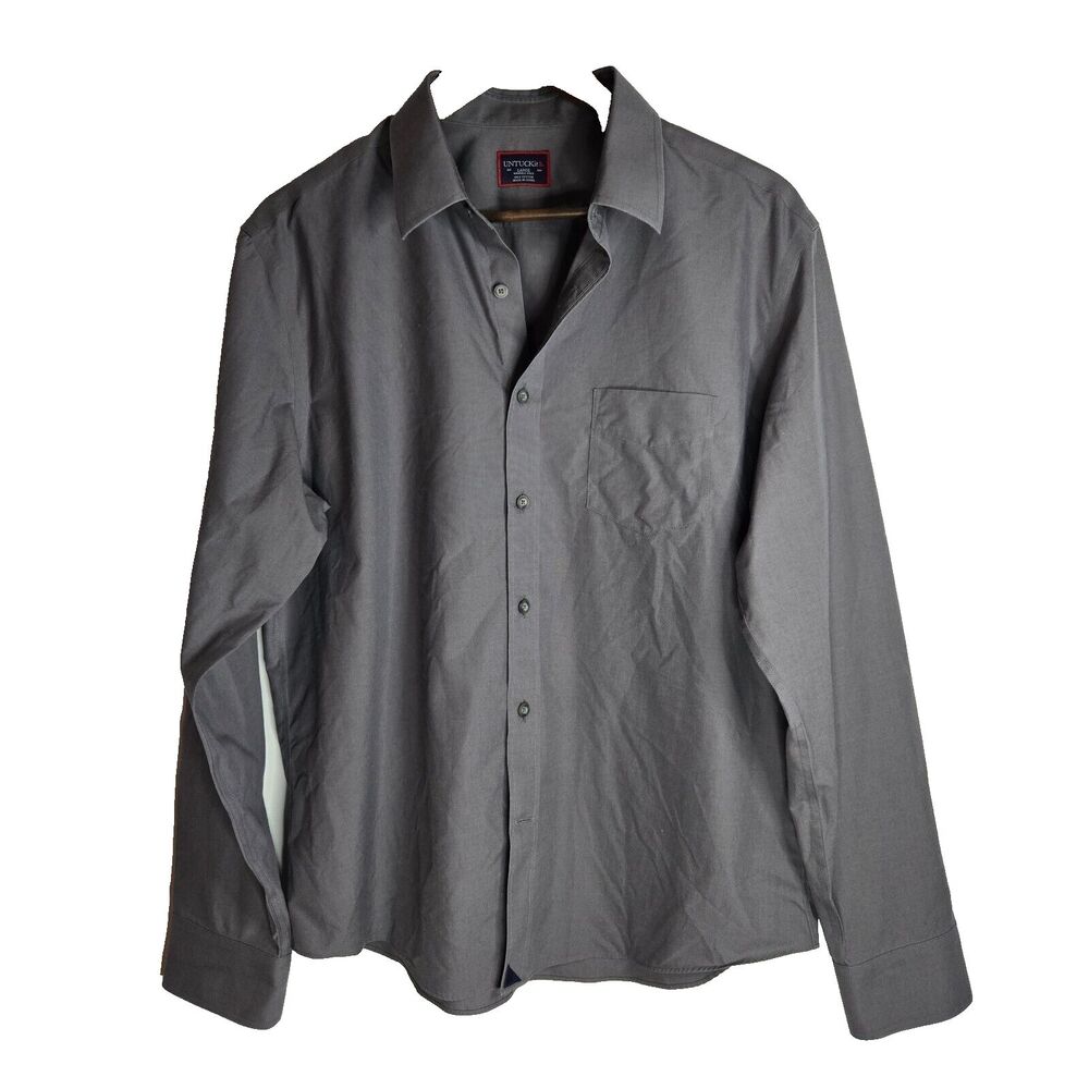 Mens Untuckit Grey Long Sleeve Wrinkle Free Button Front Shirt Large